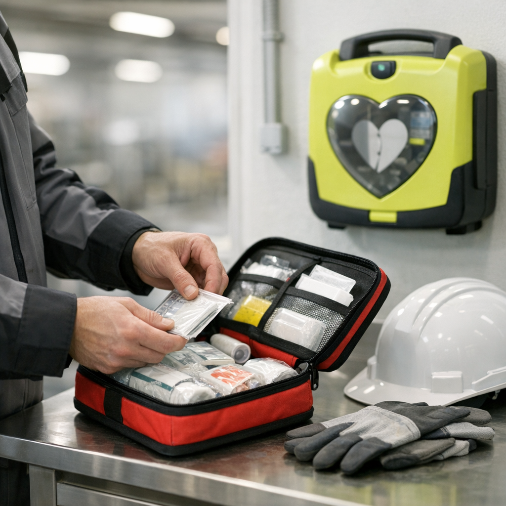 Salarié équipé vérifiant une trousse de secours et un défibrillateur dans un environnement de travail sécurisé.