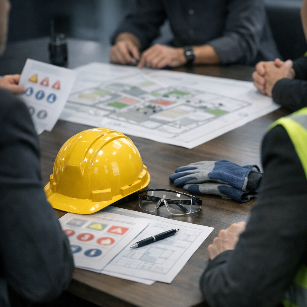 Réunion de prévention autour du DUERP avec équipements de sécurité et plan d’organisation des secours.