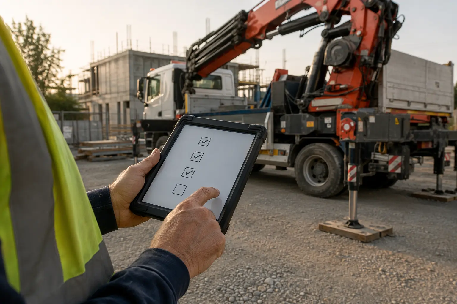 Fiche de contrôle quotidien d'un engin de levage remplie sur tablette, stabilisateurs de grue auxiliaire déployés en arrière-plan
