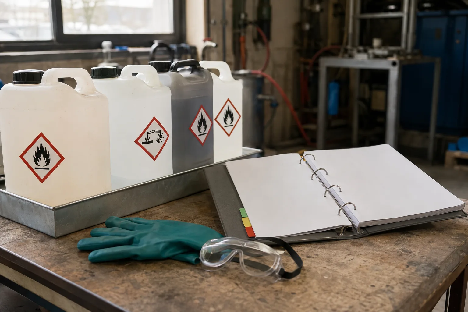Stockage de produits chimiques en atelier : bidons étiquetés de pictogrammes de danger et classeur de fiches de données de sécurité