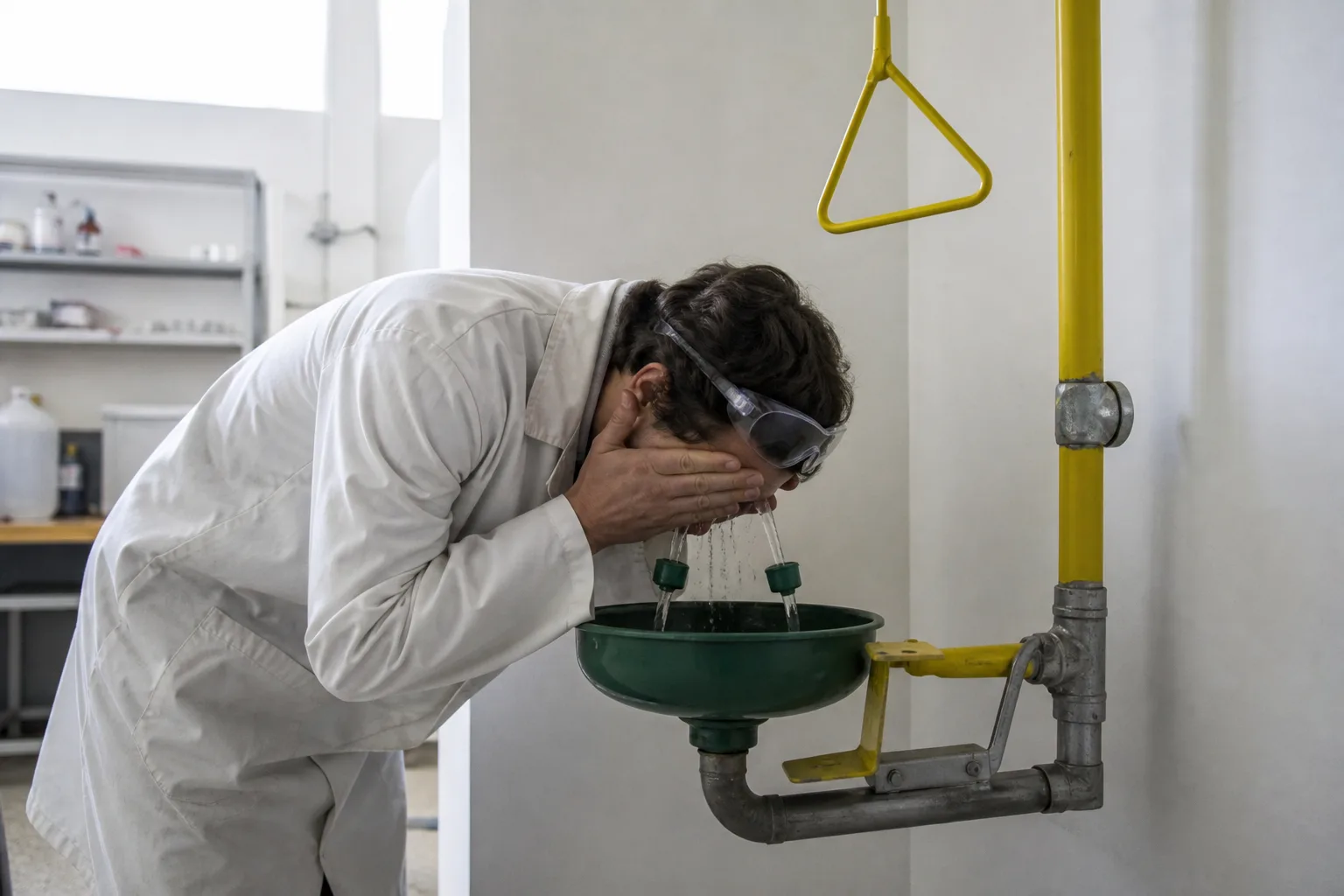 Douche de sécurité et rince-œil installés dans un laboratoire, avec un salarié en blouse s'exerçant au rinçage lors d'une formation